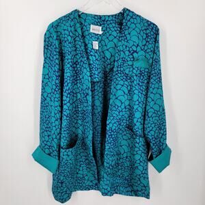 Leslie Fay Jacket Womens 14 Blue Abstract Print Open Front Pockets Vintage